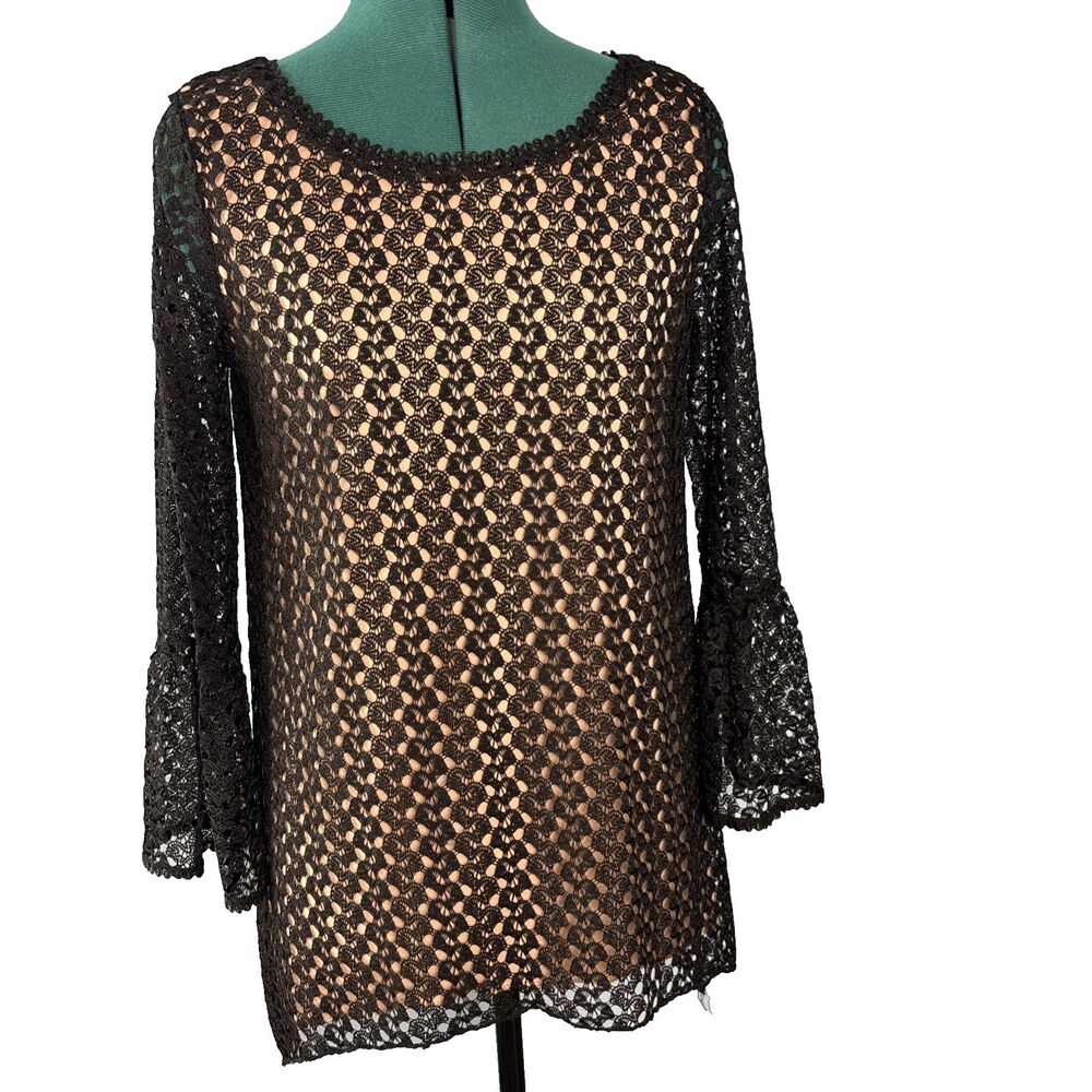 BRITTANY BLAKE Whimsigoth Black Crochet Lace Bell Sleeve Blouse Tan Lining M